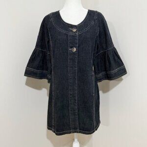 Live a Little Denim Jacket Tunic Dress Belted Back 3/4 Bell Sleeves Size L